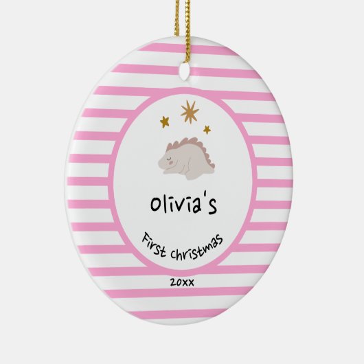 Roze Baby Dino | Eerste kerstroze stripper Keramisch Ornament (Rechts)