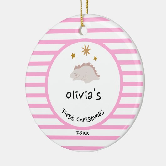 Roze Baby Dino | Eerste kerstroze stripper Keramisch Ornament (Links)