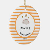 Roze Baby Dino | Eerste Oranje kerststreep Keramisch Ornament (Rechts)