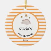Roze Baby Dino | Eerste Oranje kerststreep Keramisch Ornament (Voorkant)