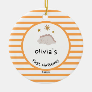 Roze Baby Dino   Eerste Oranje kerststreep Keramisch Ornament