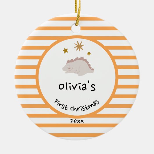 Roze Baby Dino | Eerste Oranje kerststreep Keramisch Ornament (Voorkant)