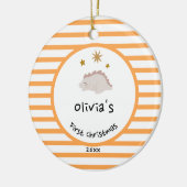 Roze Baby Dino | Eerste Oranje kerststreep Keramisch Ornament (Links)