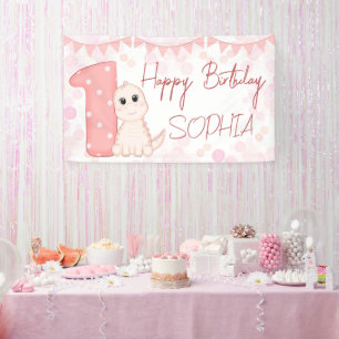 Roze baby dinosaur 1e verjaardag gepersonaliseerd spandoek