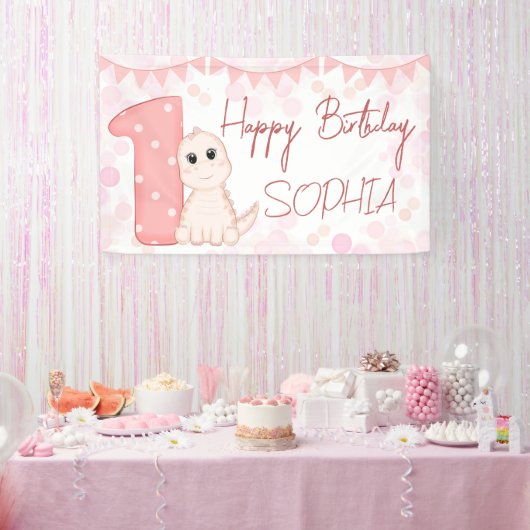 Roze baby dinosaur 1e verjaardag gepersonaliseerd spandoek (Feest)
