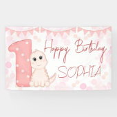 Roze baby dinosaur 1e verjaardag gepersonaliseerd spandoek (Horizontaal)