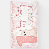 Roze baby dinosaur 1e verjaardag gepersonaliseerd spandoek (Verticaal)