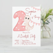 Roze baby dinosaur 2e verjaardag uitnodiging (Staand voorkant)
