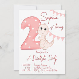 Roze baby dinosaur 2e verjaardag uitnodiging