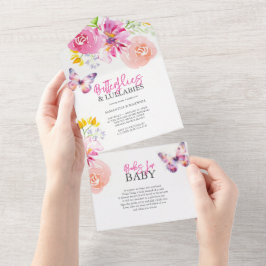 Roze Baby Douche Uitnodigingen | Bloemen en vlinde