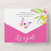 Roze Baby Douche Uitnodigingen | Bloemen en vlinde (Achterkant)