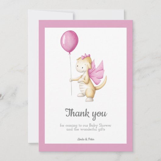 Roze Baby draak met ballonmeisje Baby shower Bedankkaart (Voorkant)