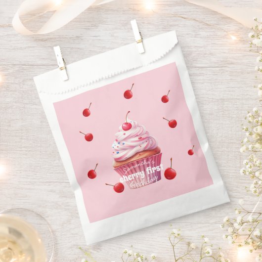 Roze Baby Eerste Kers & Cupcake Verjaardagsfeestje Bedankzakje (Geknipt)