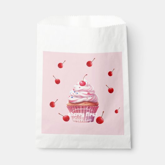 Roze Baby Eerste Kers & Cupcake Verjaardagsfeestje Bedankzakje (Voorkant)
