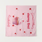 Roze Baby Eerste Kers & Cupcake Verjaardagsfeestje Wandkleed (Voorkant (horizontaal))