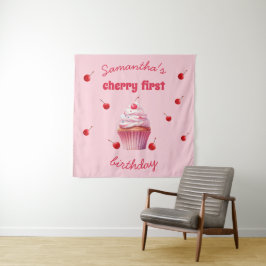 Roze Baby Eerste Kers & Cupcake Verjaardagsfeestje Wandkleed