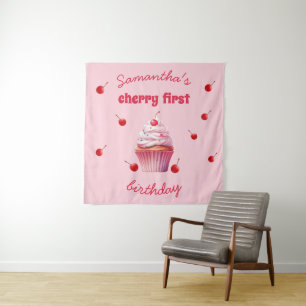 Roze Baby Eerste Kers & Cupcake Verjaardagsfeestje Wandkleed
