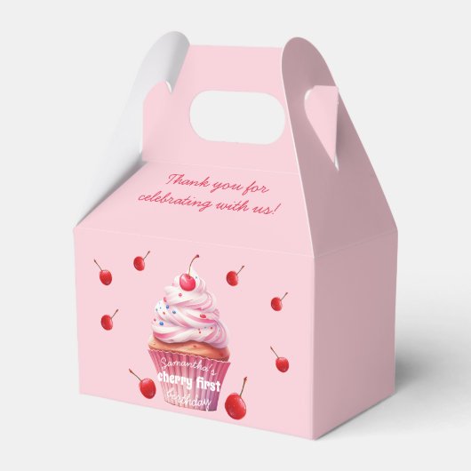 Roze Baby Eerste Kersen & Cupcake Verjaardagsfeest Bedankdoosjes (Voorkant Zijde)