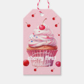 Roze Baby Eerste Kersen & Cupcake Verjaardagsfeest Cadeaulabel (Voorkant)