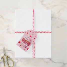 Roze Baby Eerste Kersen & Cupcake Verjaardagsfeest Cadeaulabel
