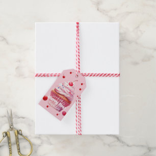 Roze Baby Eerste Kersen & Cupcake Verjaardagsfeest Cadeaulabel