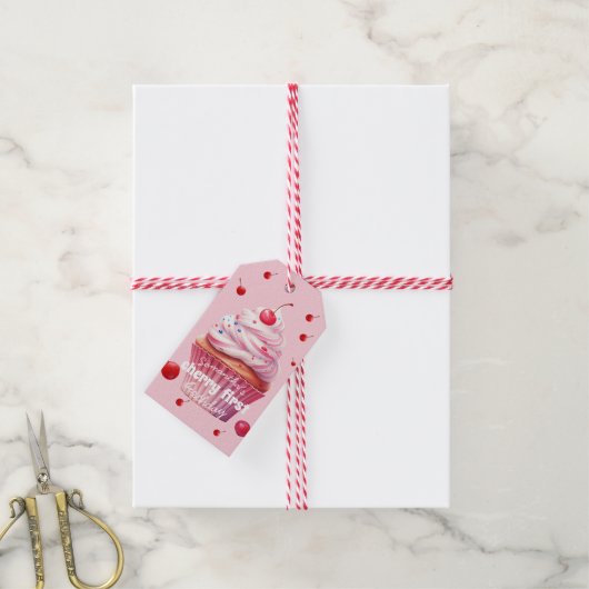 Roze Baby Eerste Kersen & Cupcake Verjaardagsfeest Cadeaulabel (Met Touw)