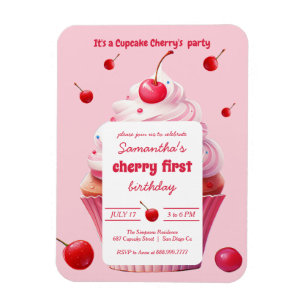 Roze Baby Eerste Kersen & Cupcake Verjaardagsfeest Magneet