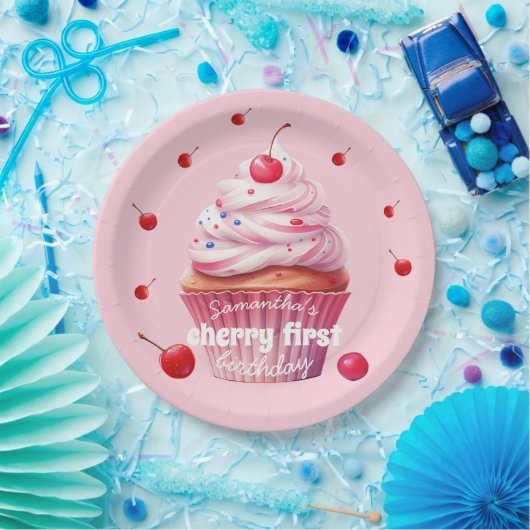 Roze Baby Eerste Kersen & Cupcake Verjaardagsfeest Papieren Bordje (Feest)