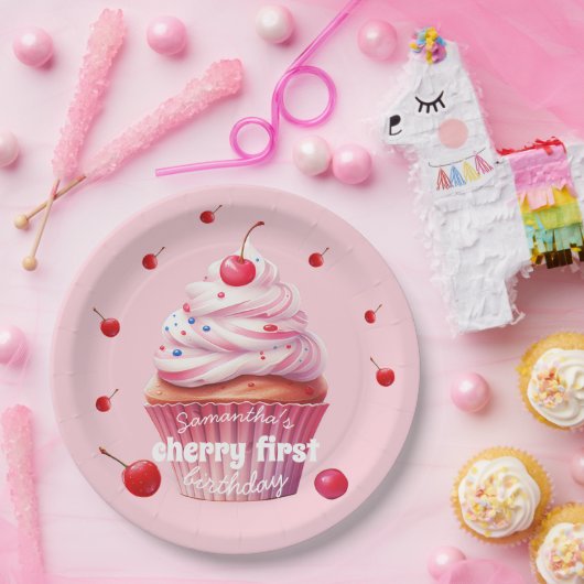 Roze Baby Eerste Kersen & Cupcake Verjaardagsfeest Papieren Bordje (Feest)