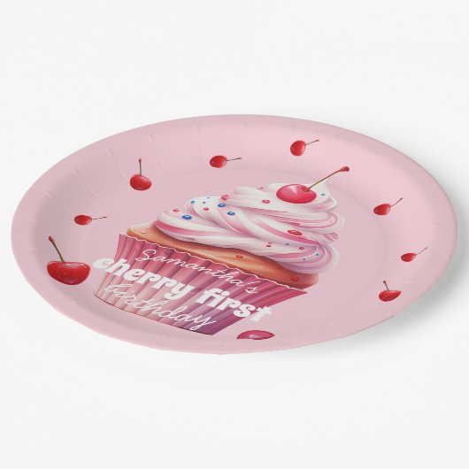 Roze Baby Eerste Kersen & Cupcake Verjaardagsfeest Papieren Bordje (Gekanteld)