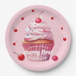Roze Baby Eerste Kersen & Cupcake Verjaardagsfeest Papieren Bordje