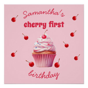 Roze Baby Eerste Kersen & Cupcake Verjaardagsfeest Perfect Poster