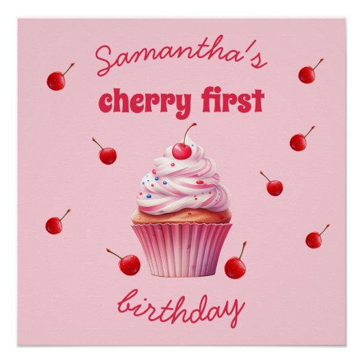 Roze Baby Eerste Kersen & Cupcake Verjaardagsfeest Perfect Poster (Voorkant)
