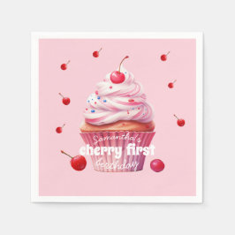 Roze Baby Eerste Kersen & Cupcake Verjaardagsfeest Servet