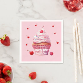 Roze Baby Eerste Kersen & Cupcake Verjaardagsfeest Servet