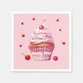 Roze Baby Eerste Kersen & Cupcake Verjaardagsfeest Servet (Voorkant)