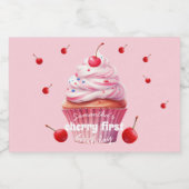 Roze Baby Eerste Kersen & Cupcake Verjaardagsfeest Sparkling Wijnetiket (Enkel label)