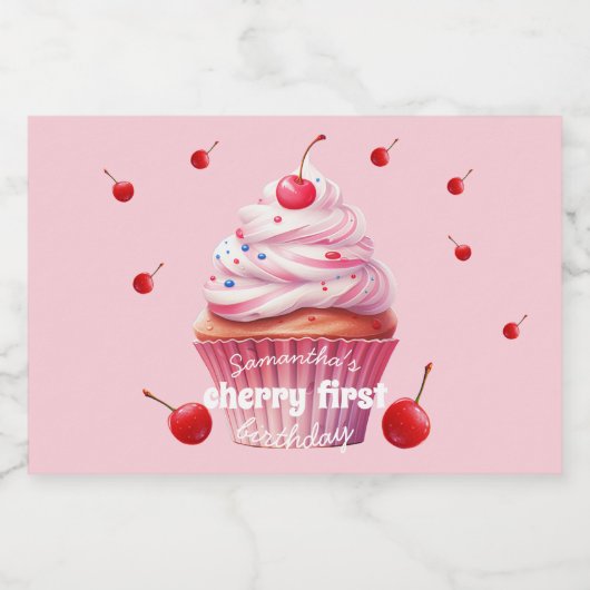 Roze Baby Eerste Kersen & Cupcake Verjaardagsfeest Sparkling Wijnetiket (Enkel label)