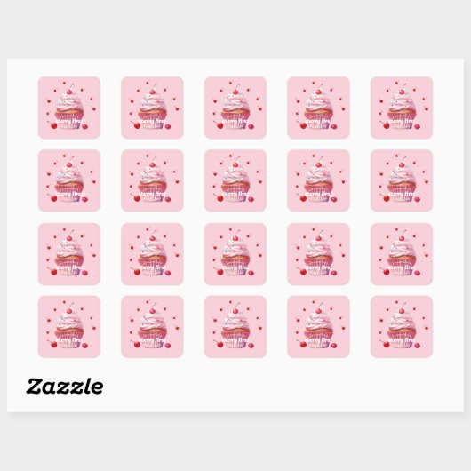 Roze Baby Eerste Kersen & Cupcake Verjaardagsfeest Vierkante Sticker (Vel)