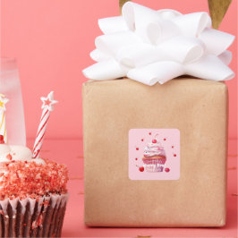 Roze Baby Eerste Kersen & Cupcake Verjaardagsfeest Vierkante Sticker