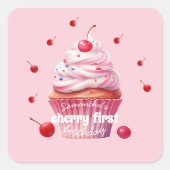 Roze Baby Eerste Kersen & Cupcake Verjaardagsfeest Vierkante Sticker (Voorkant)