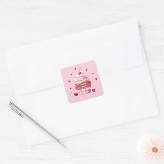 Roze Baby Eerste Kersen & Cupcake Verjaardagsfeest Vierkante Sticker (Envelop)