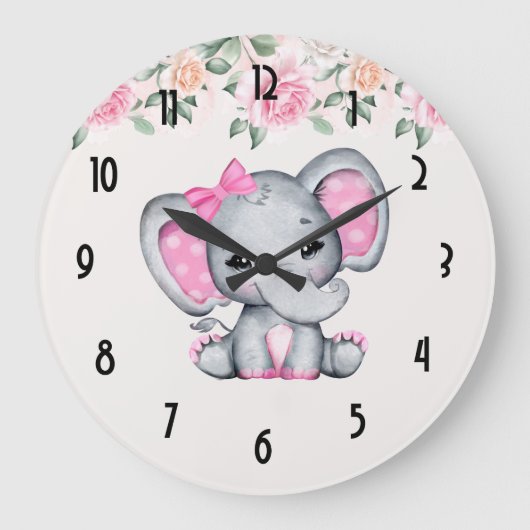 Roze Baby Elephant and Roos Border Grote Klok (Voorkant)