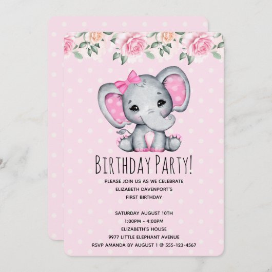 Roze Baby Elephant and Rozen Border Baby shower Kaart (Voorkant / Achterkant)