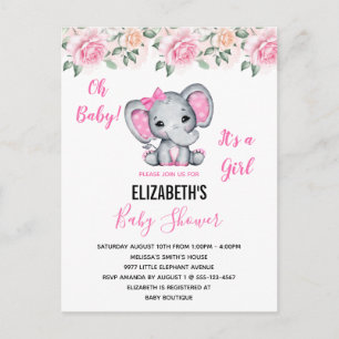 Roze Baby Elephant and Rozen Border Baby shower Uitnodiging Briefkaart