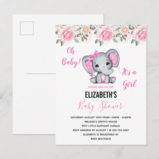 Roze Baby Elephant and Rozen Border Baby shower Uitnodiging Briefkaart (Voorkant / Achterkant)
