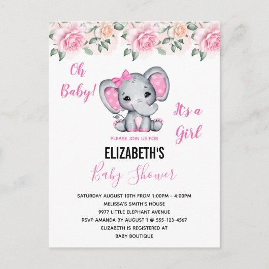 Roze Baby Elephant and Rozen Border Baby shower Uitnodiging Briefkaart (Voorkant)