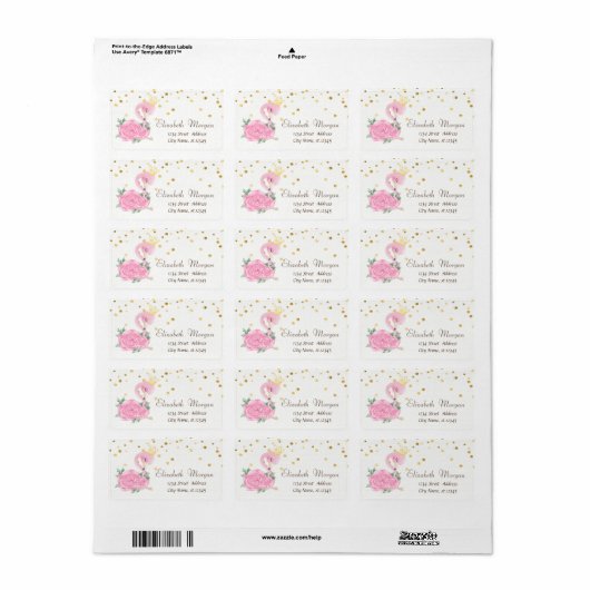 Roze Baby Flamingo, Bloem Faux Gold Foil Confetti Etiket (Full Sheet)