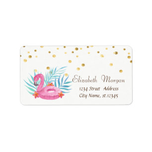 Roze Baby Flamingo, Bloem Nep Goud Folie Confetti Etiket