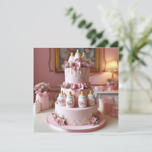 ROZE BABY FLESSEN CAKE, BABY SHOWER KAART (Staand voorkant)